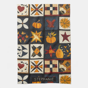 Autumn Quilt Block Pattern Rustic Harvest Tea Towel