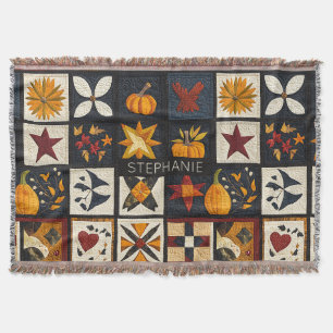 Autumn Quilt Block Pattern Rustic Harvest Throw Blanket