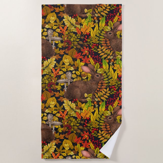 Autumn Rabbit on black Beach Towel (Front)