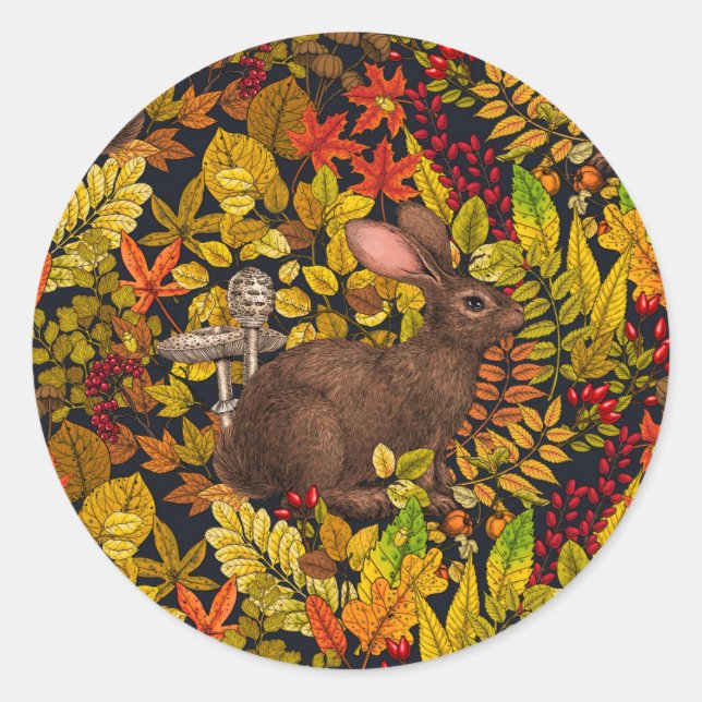 Autumn Rabbit on black Classic Round Sticker (Front)