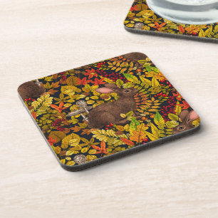 Autumn Rabbit on black Coaster