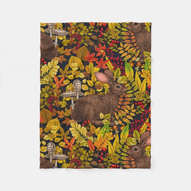 Autumn Rabbit on black Fleece Blanket (Front)