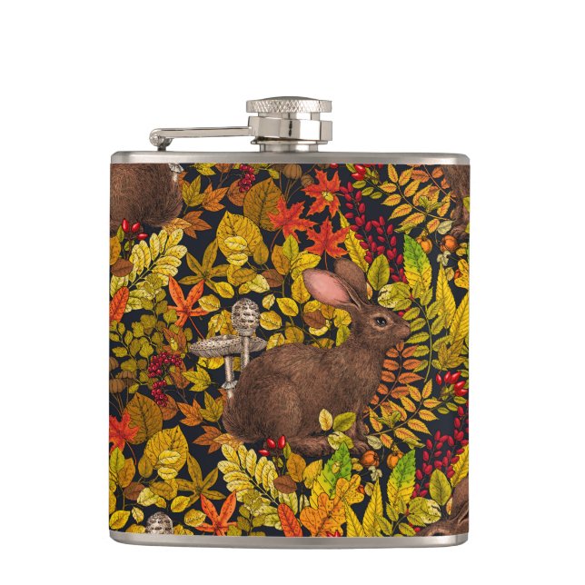 Autumn Rabbit on black Hip Flask (Front)