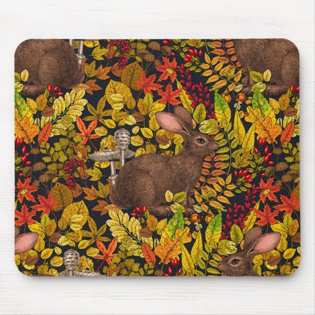Autumn Rabbit on black Mouse Mat (Front)