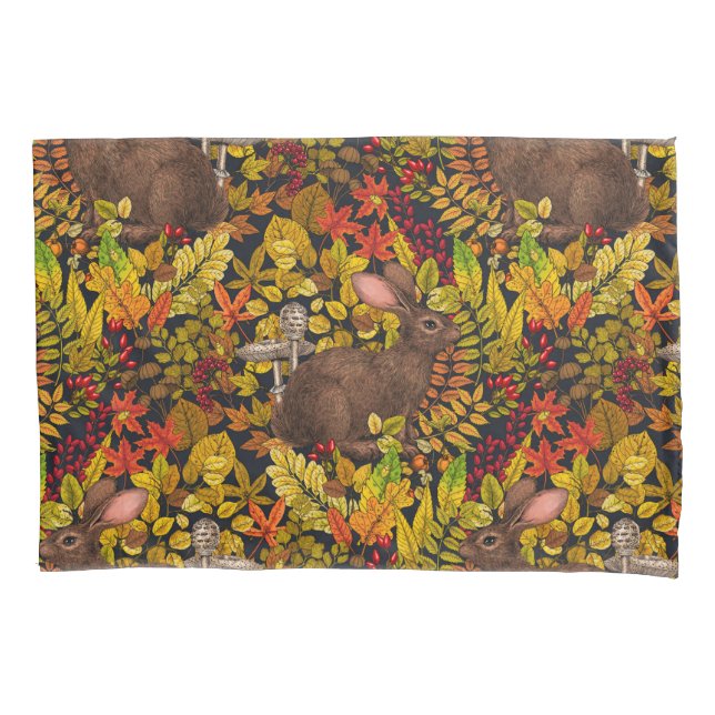Autumn Rabbit on black Pillowcase (Front)