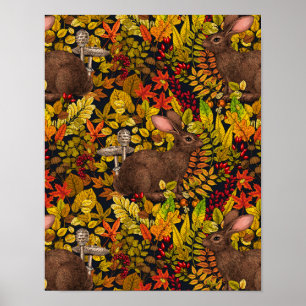 Autumn Rabbit on black Poster