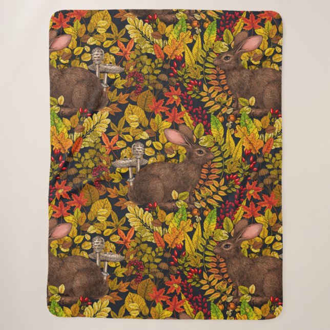 Autumn Rabbit on black Sherpa Blanket (Front)