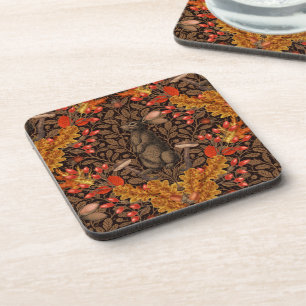 Autumn rabbit on brown coaster