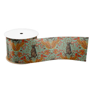 Autumn rabbit on light green satin ribbon