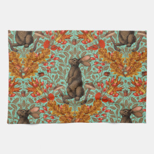 Autumn rabbit on light green tea towel