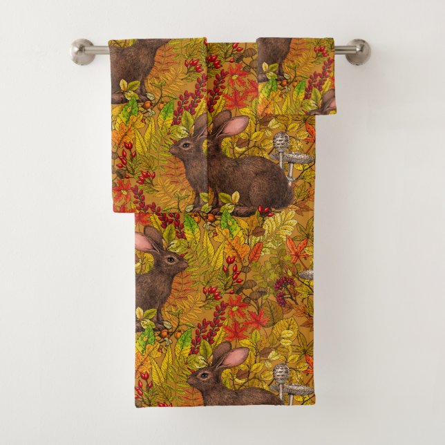 Autumn Rabbit on ochre Bath Towel Set (Insitu)