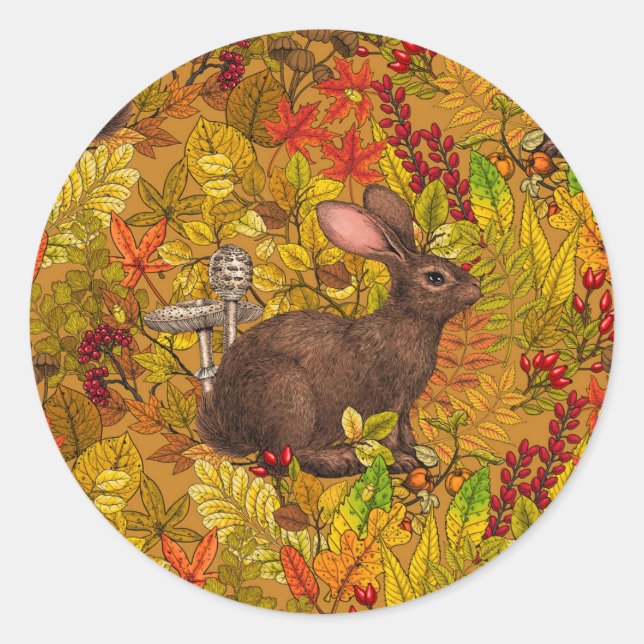 Autumn Rabbit on ochre Classic Round Sticker (Front)