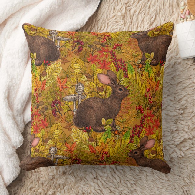 Autumn Rabbit on ochre Cushion (Blanket)