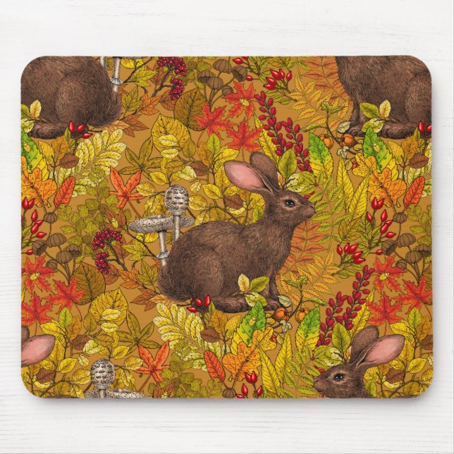 Autumn Rabbit on ochre Mouse Mat (Front)