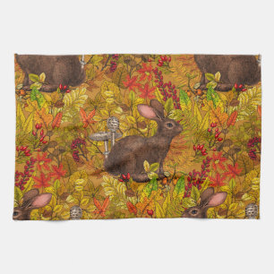 Autumn Rabbit on ochre Tea Towel