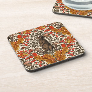 Autumn rabbit on off white coaster