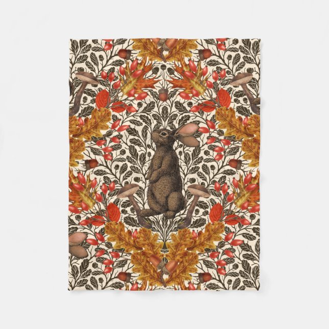 Autumn rabbit on off white fleece blanket (Front)
