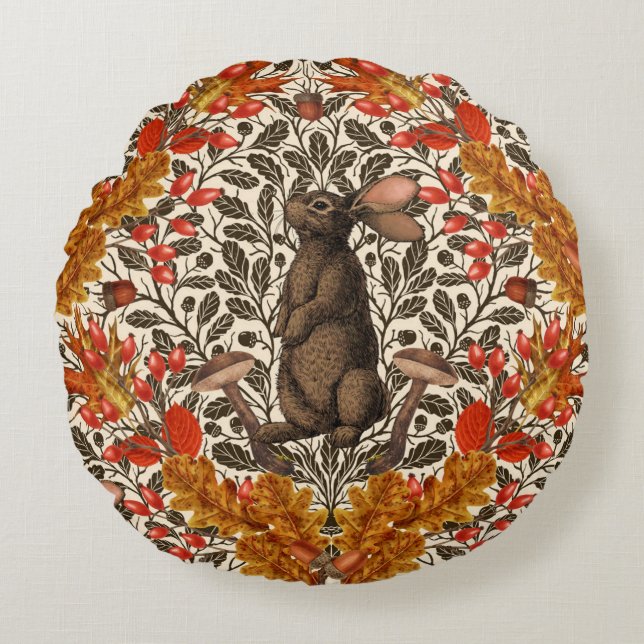 Autumn rabbit on off white round cushion (Front)