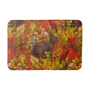 Autumn Rabbit on red Bath Mat