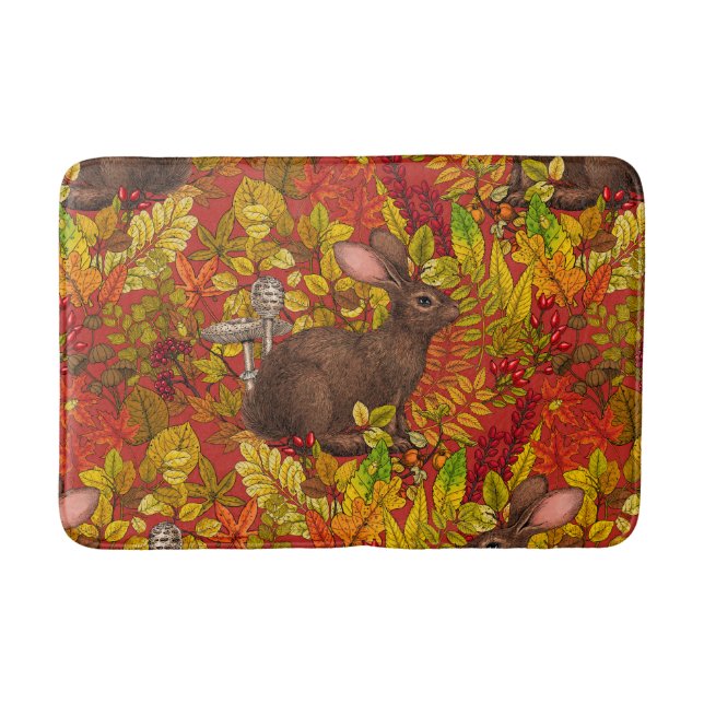 Autumn Rabbit on red Bath Mat (Front)