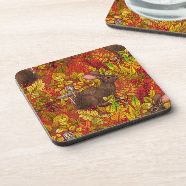 Autumn Rabbit on red Coaster (Left Side)
