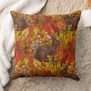 Autumn Rabbit on red Cushion
