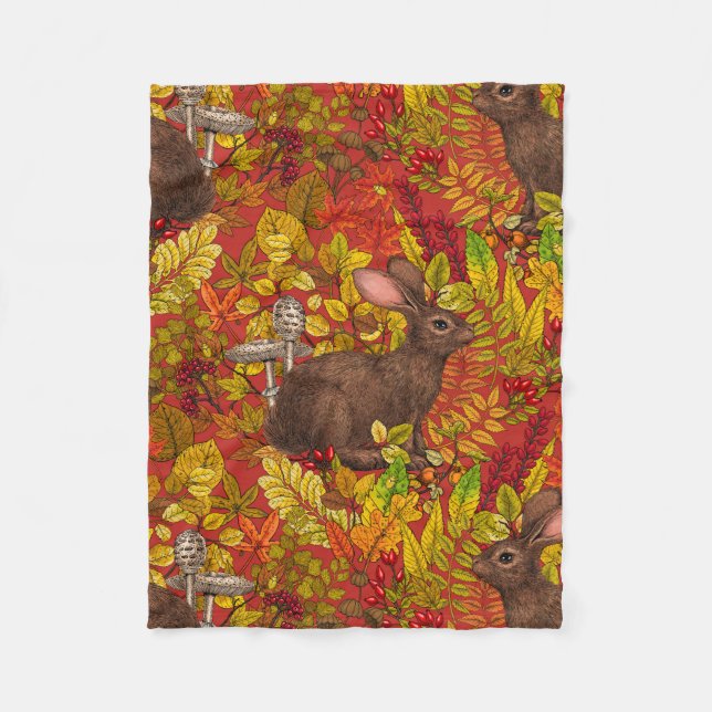 Autumn Rabbit on red Fleece Blanket (Front)