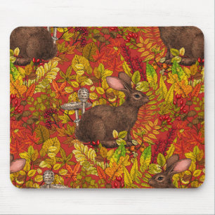 Autumn Rabbit on red Mouse Mat