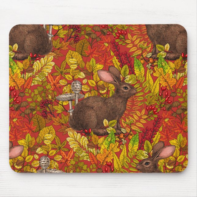 Autumn Rabbit on red Mouse Mat (Front)