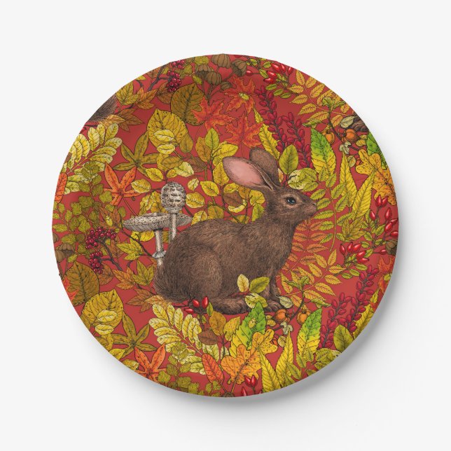 Autumn Rabbit on red Paper Plate (Front)