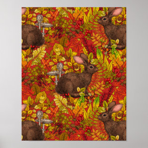 Autumn Rabbit on red Poster