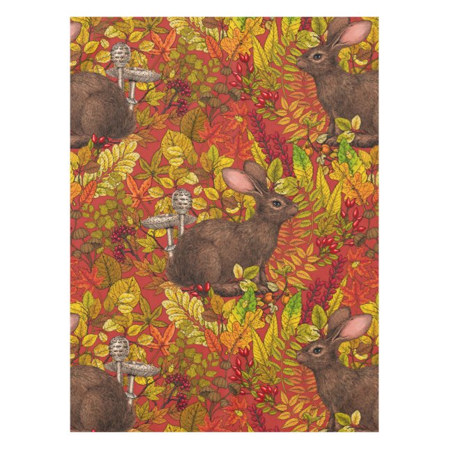 Autumn Rabbit on red Tablecloth (Front)