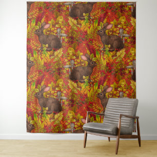 Autumn Rabbit on red Tapestry