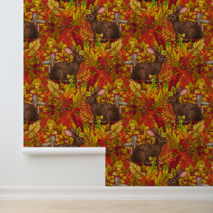 Autumn Rabbit on red Wallpaper