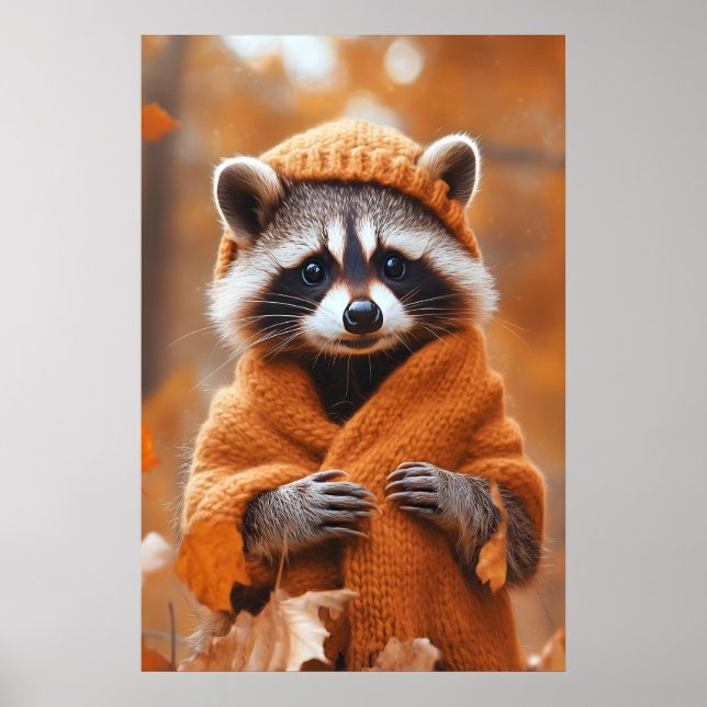 Autumn Raccoon Art Print, Fall Animal in Clothes Poster (Front)