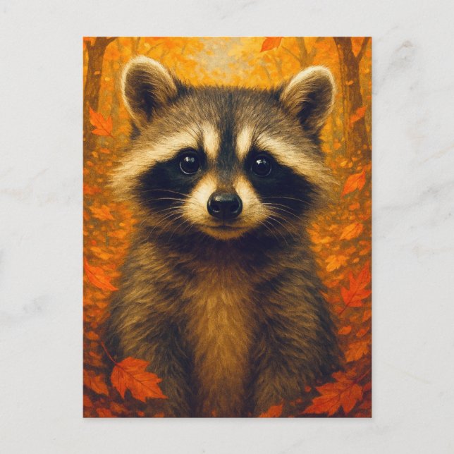Autumn Raccoon Postcard Cute Animal  Fall Forest (Front)
