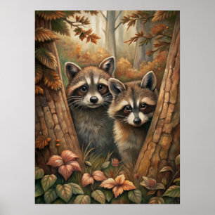 Autumn Raccoons Poster