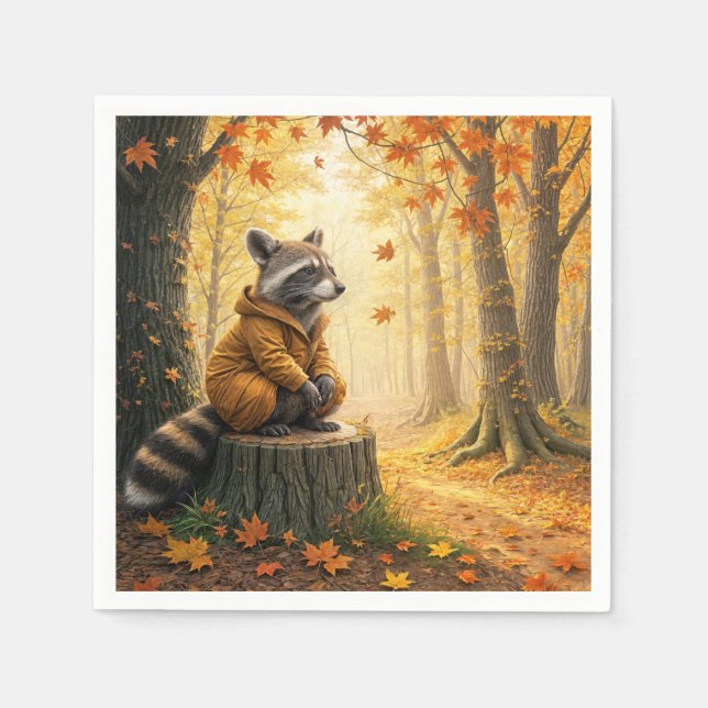 Autumn Racoon Sitting On a Tree Stump Napkin (Front)