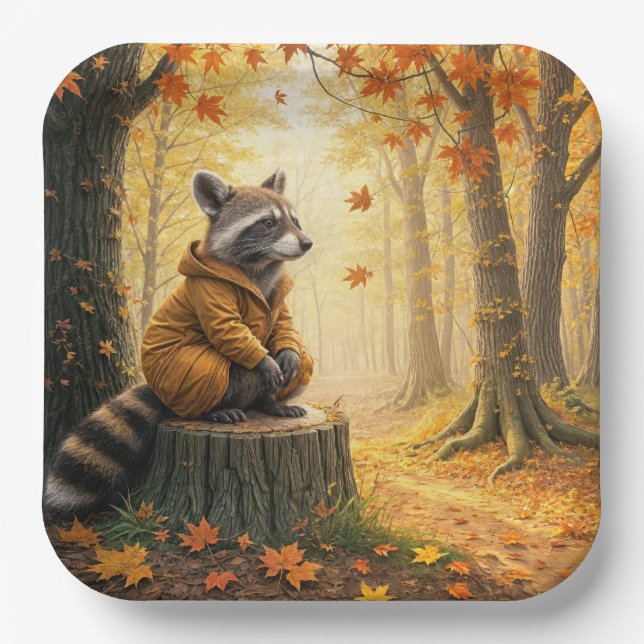 Autumn Racoon Sitting On a Tree Stump Paper Plate (Front)