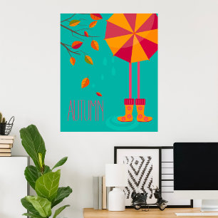Autumn Rain Boots and Umbrella Fall Leaves  Poster