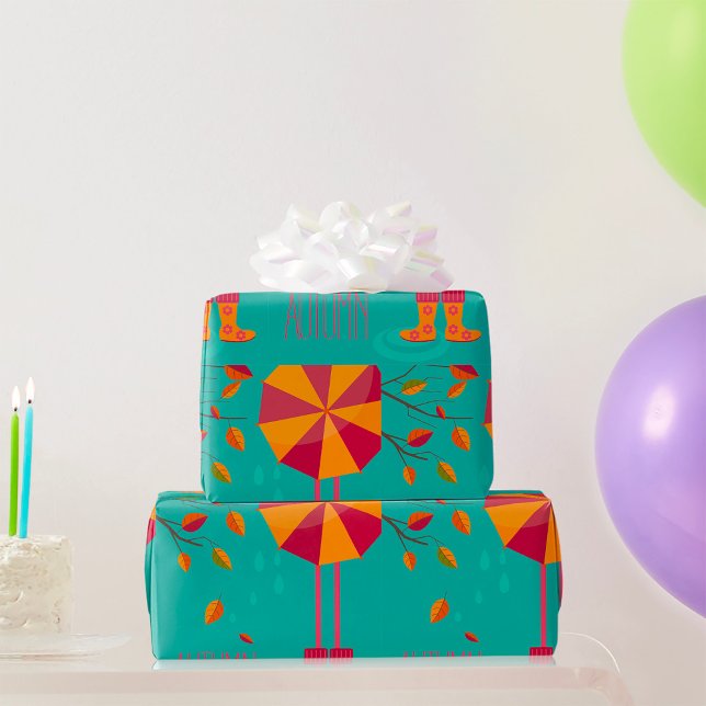 Autumn Rain Boots and Umbrella Fall Leaves  Wrapping Paper (Creator Uploaded)