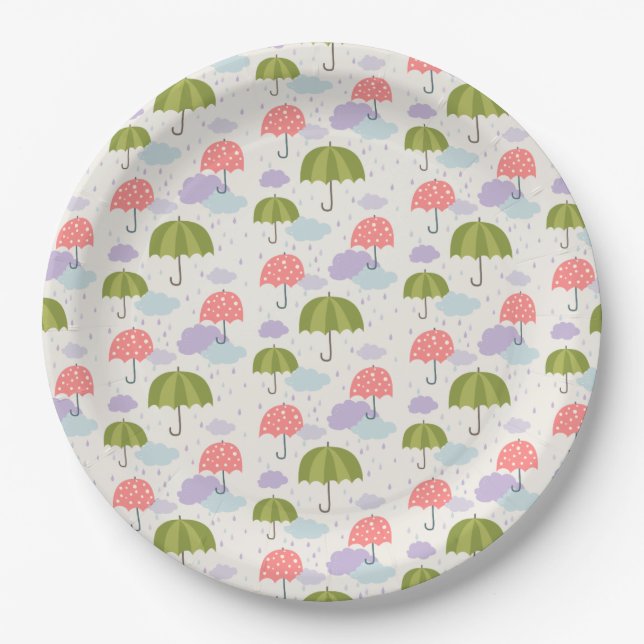 Autumn Rainy Day with Umbrella Pattern Paper Plate (Front)