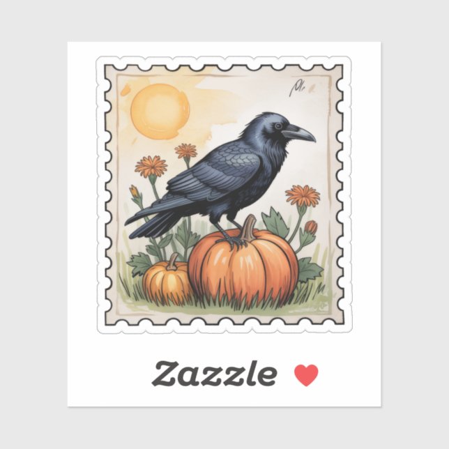 Autumn Raven on Pumpkin Halloween Postage Stamp (Sheet)
