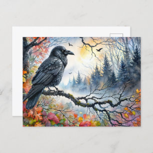 Autumn Raven Watercolor Art Postcard