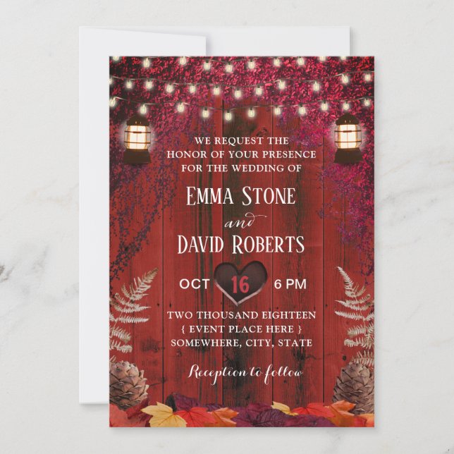 Autumn Red Barn Wood Rustic Lantern Fall Wedding Invitation (Front)