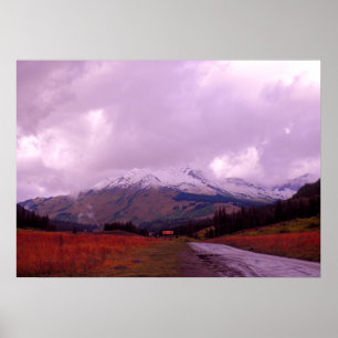 Autumn Red Fields Under a Stormy Mountain Sky Poster