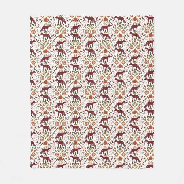 Autumn Red Fox Folk Art Fleece Blanket  (Front)