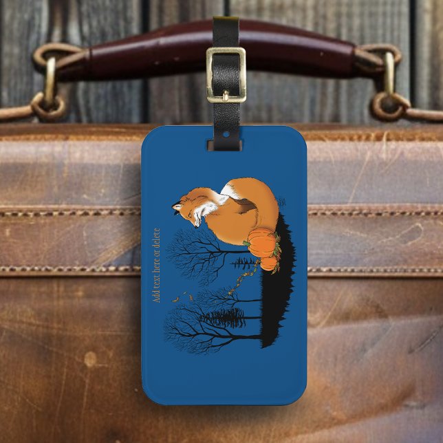 Autumn Red Fox Pumpkins Woodland Fall Blue Luggage Tag (Creator Uploaded)