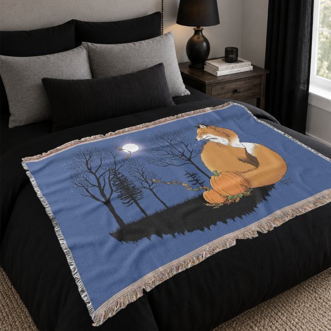 Autumn Red Fox Pumpkins Woodland Fall Blue Throw Blanket (Creator Uploaded)