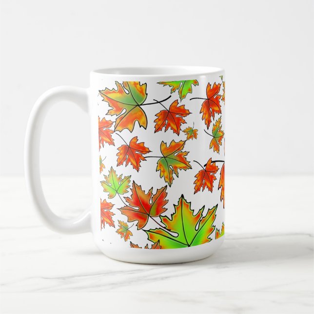 Autumn red green orange leaves maple leaves coffee mug (Left)
